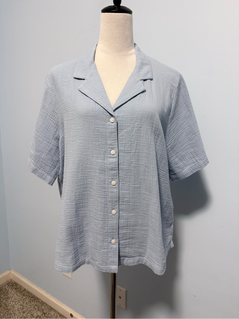 Quince Women’s Organic Cotton Gauze Short Sleeve Camp Shirt Light Blue XL